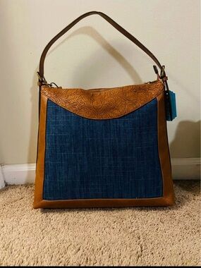 Denim Panel Shoulder Bag with Tan Embossed Trim